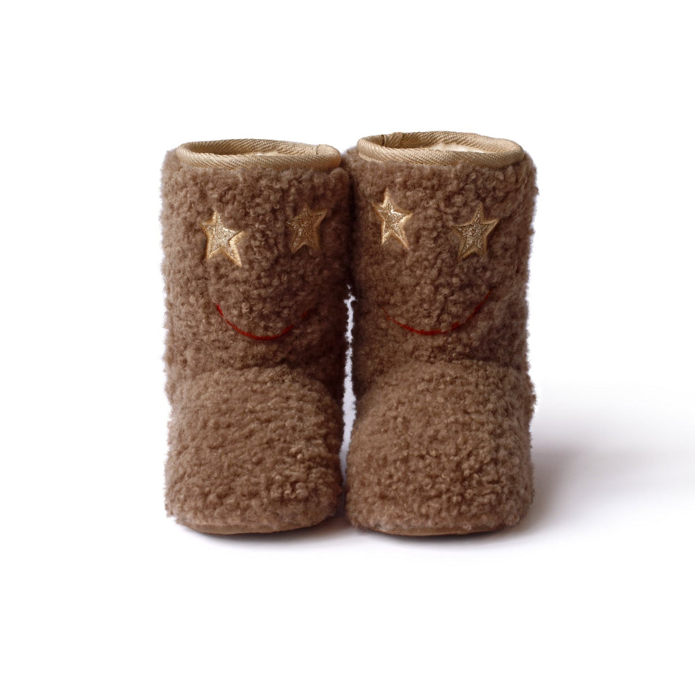 Boxbo Warm Winter Boots Choco Bear, fluffy brown faux shearling boots with gold stars, shown as a pair standing together.