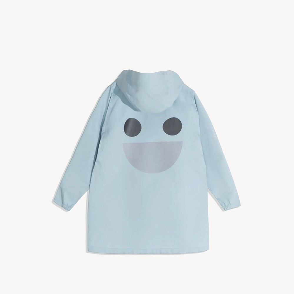 Boxbo Wistiti Windbreaker Rain Jacket blue with hood; back view shows a large smiley face graphic.