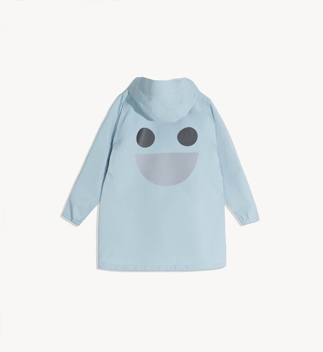 Boxbo Wistiti Windbreaker Rain Jacket blue with hood; back view shows a large smiley face graphic.