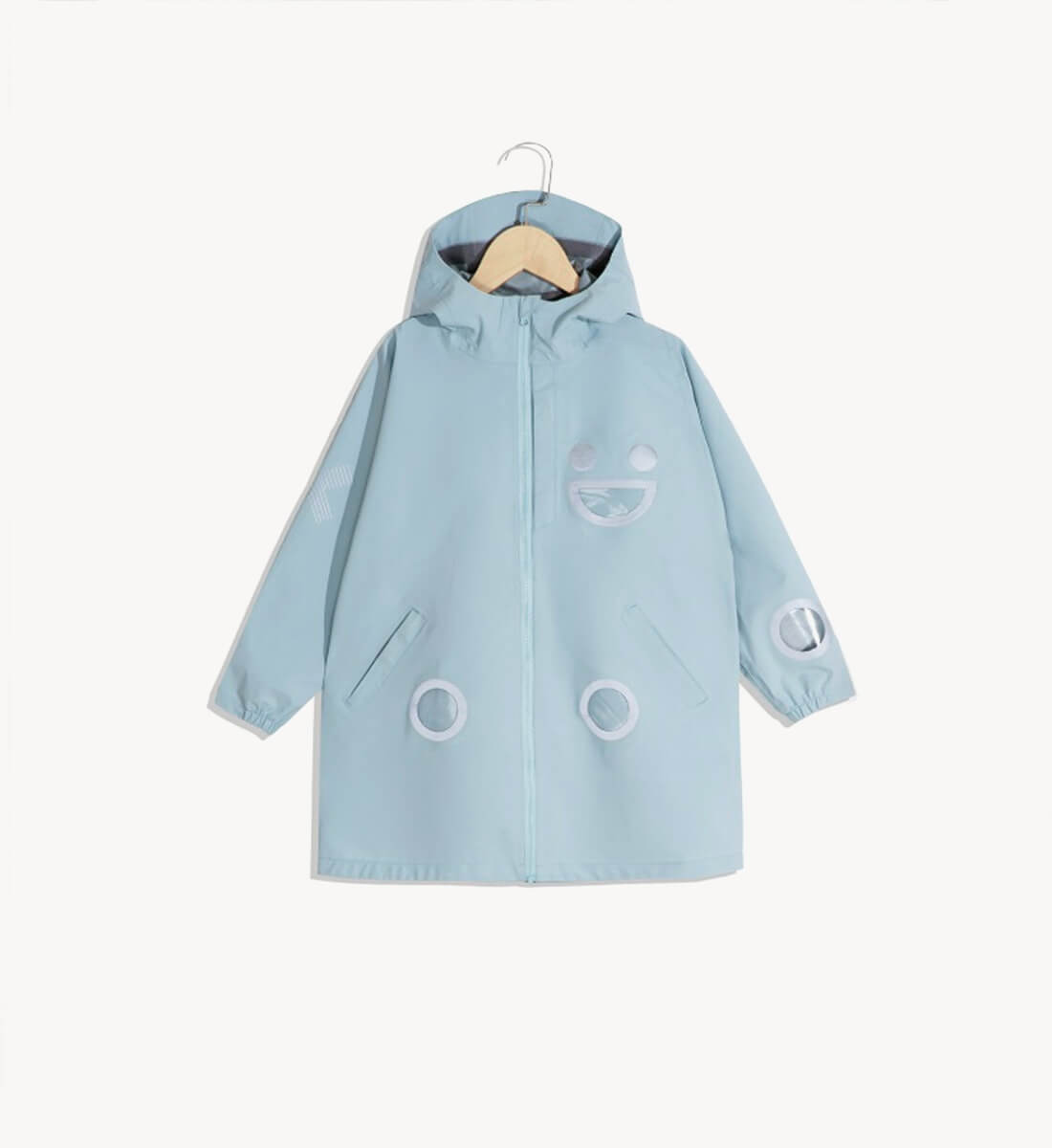 Boxbo Wistiti Windbreaker Rain Jacket Blue on hanger with hood up, front zipper, and circular patch accents.