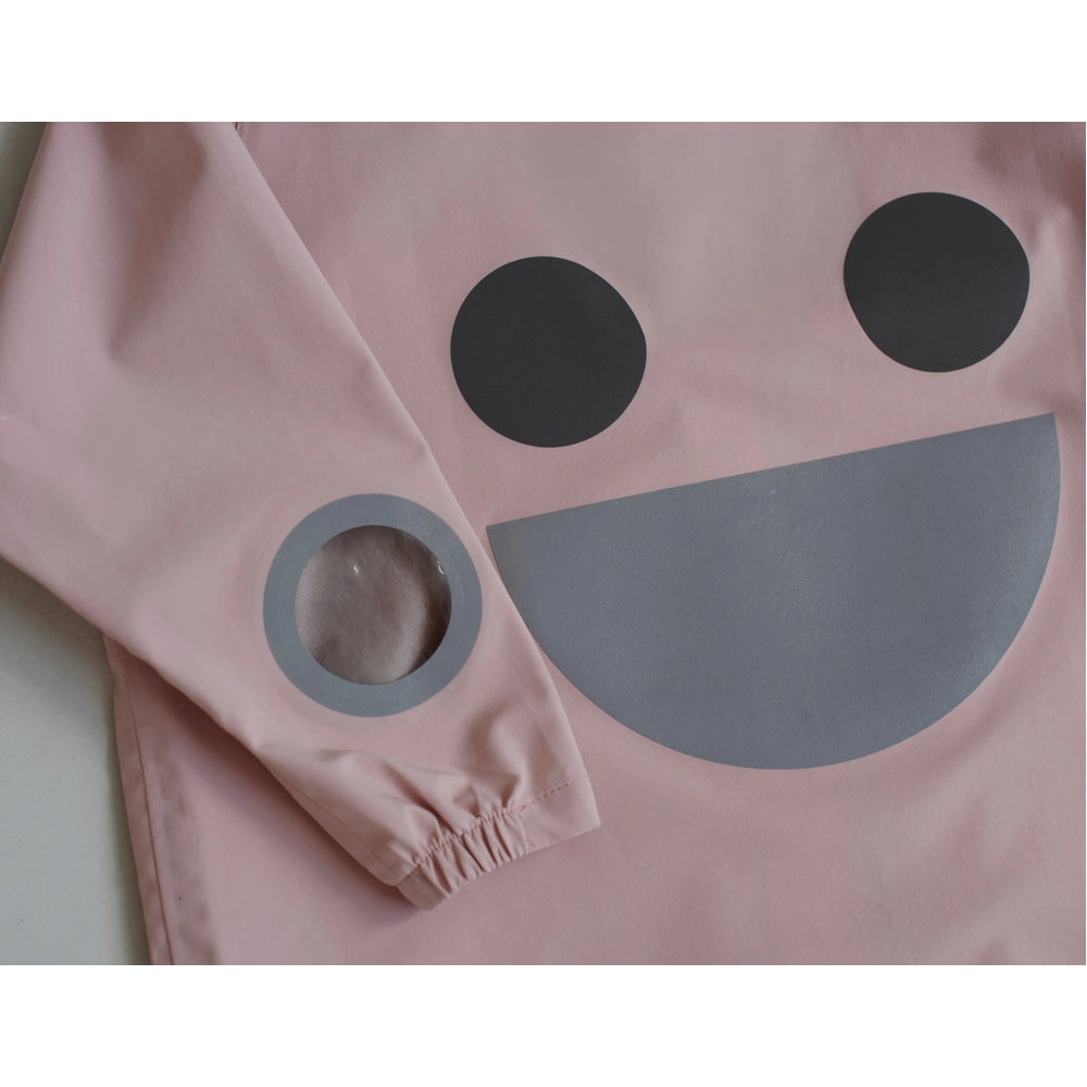 Boxbo Wistiti Windbreaker Rain Jacket Pink with grey and black geometric shapes; elastic cuff on sleeve shows durability.