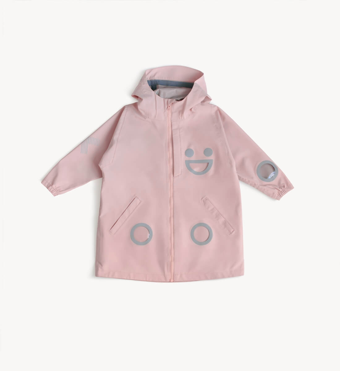 Boxbo Wistiti Windbreaker Rain Jacket Pink with hood, front zipper, gray circle accents, and angled pockets
