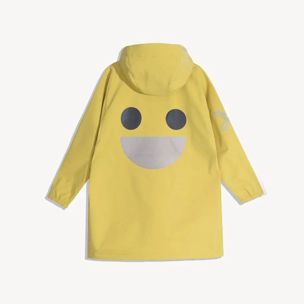 Boxbo Wistiti Windbreaker Rain Jacket Yellow with a large back smiley print, hooded toddler rain coat.