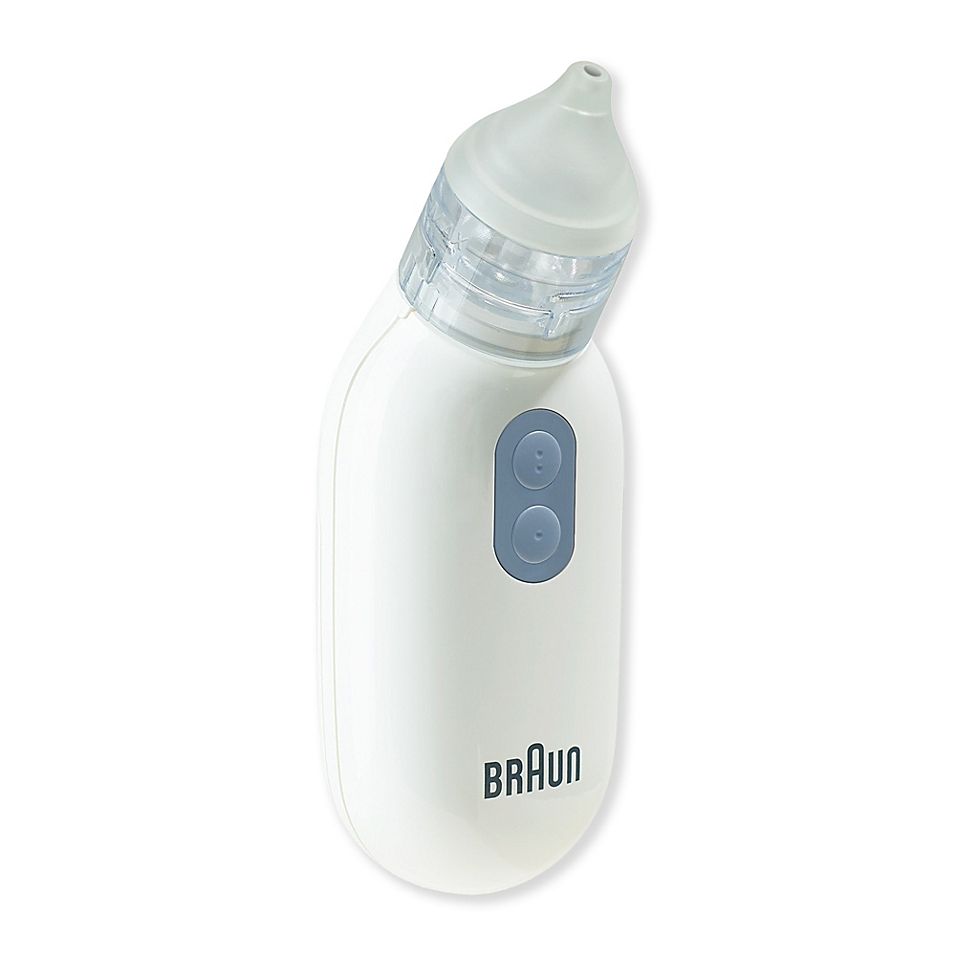 Braun Electric Nasal Aspirator, white body with blue control buttons for babies