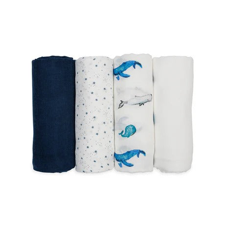 Lulujo Bamboo Muslin Swaddle Blankets 4-pack in navy, star, and whale prints