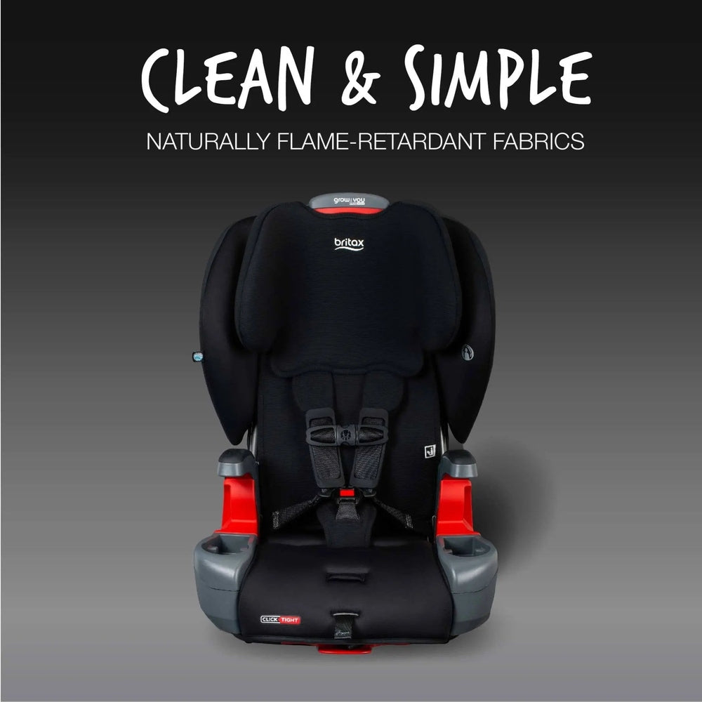 Britax Grow With You ClickTight Car Seat Safewash in black fabric with red accents, showing 5-point harness buckle.