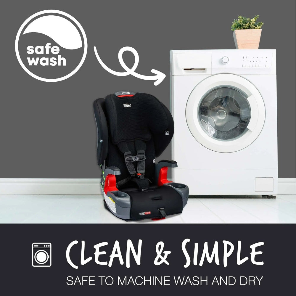 Britax Grow With You ClickTight Car Seat in black with red trim beside a washing machine, illustrating SafeWash machine washable.