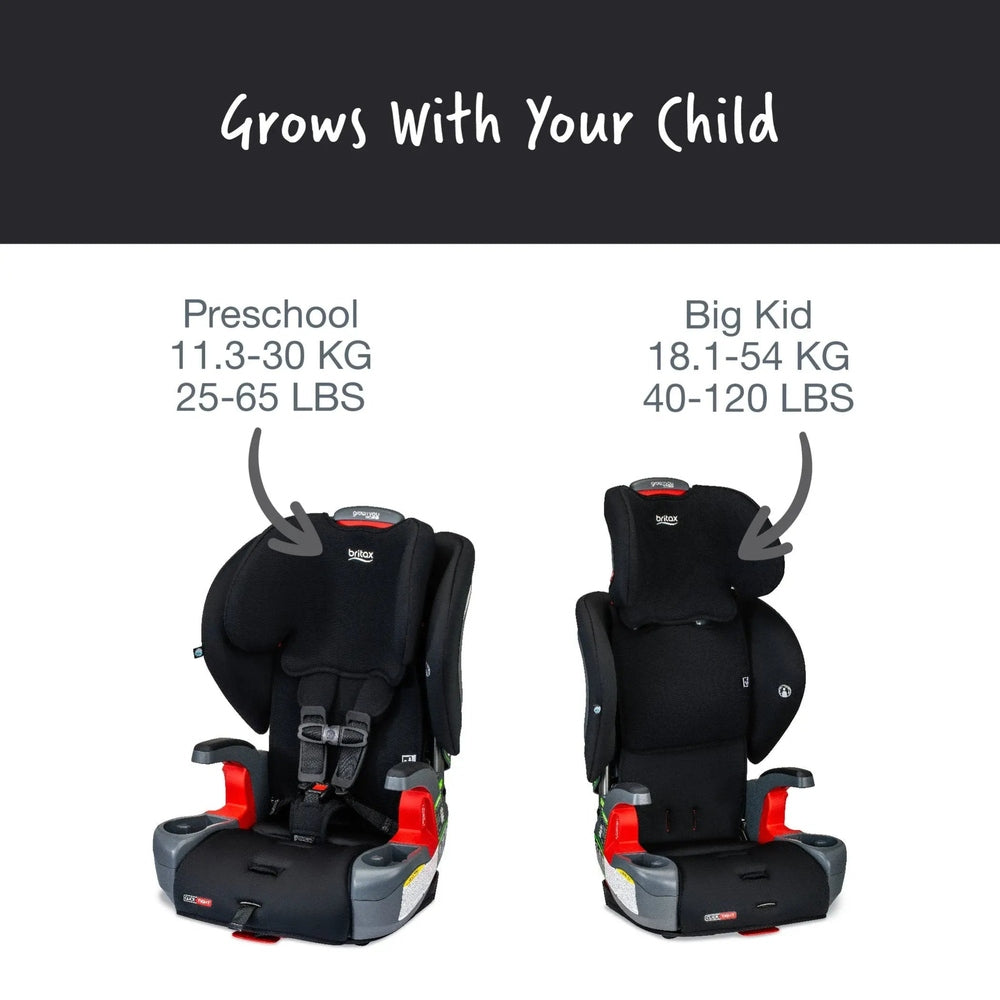 Britax Grow With You Clicktight car seat pair in black with red accents, shown for preschool and big-kid sizes.