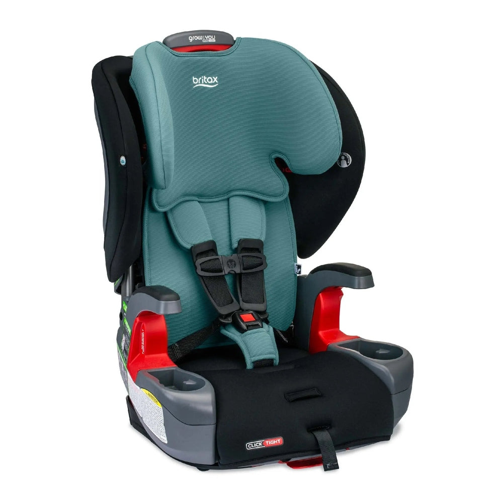 Britax Grow With You ClickTight Safewash convertible car seat in teal, with the 5-point harness securely fastened.