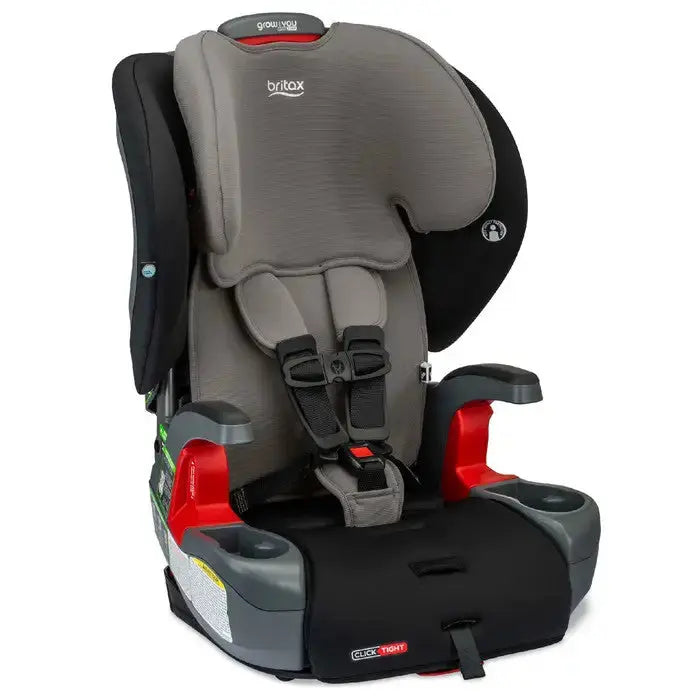 Britax Grow With You Clicktight Car Seat Safewash in grey/black showing the 5-point harness buckled.