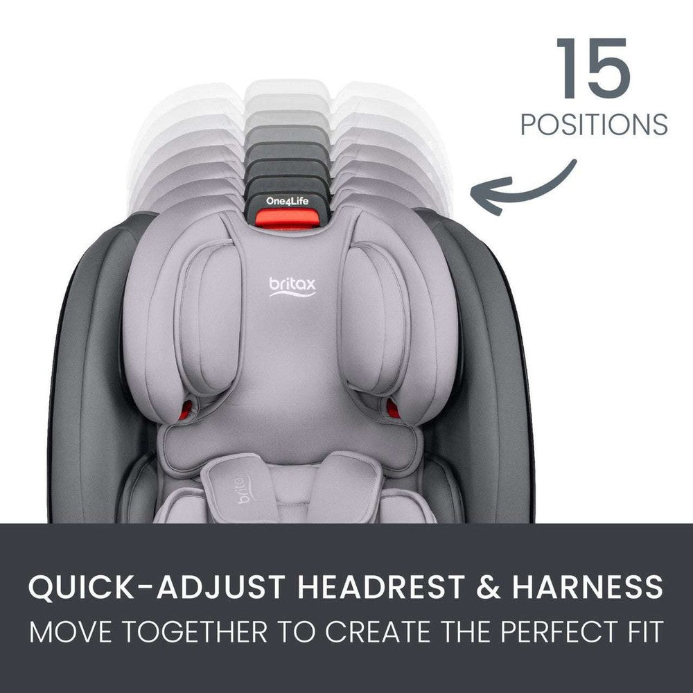 Britax One4Life ClickTight all-in-one car seat in gray with 15 headrest positions and quick-adjust harness