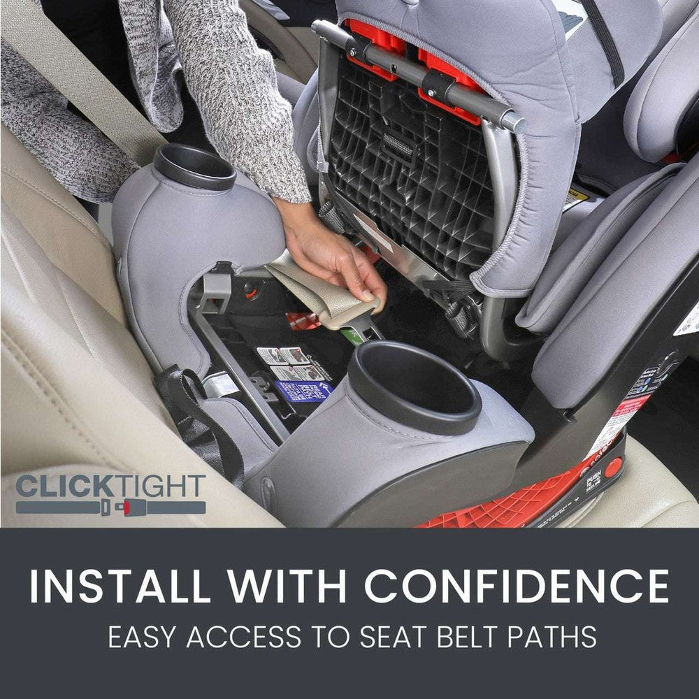Britax One4Life ClickTight all-in-one car seat in gray fabric, installed in back seat.