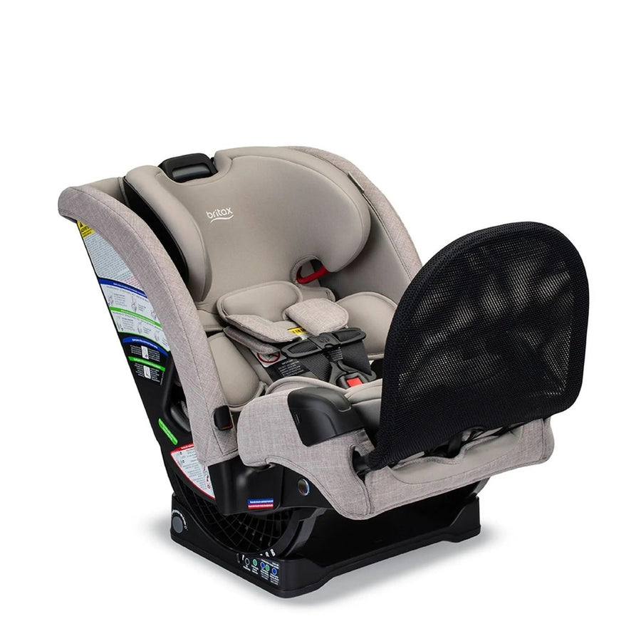 Britax One4Life Slim ClickTight All-in-One Car Seat in beige-gray, shown mounted on base with buckle fastened.