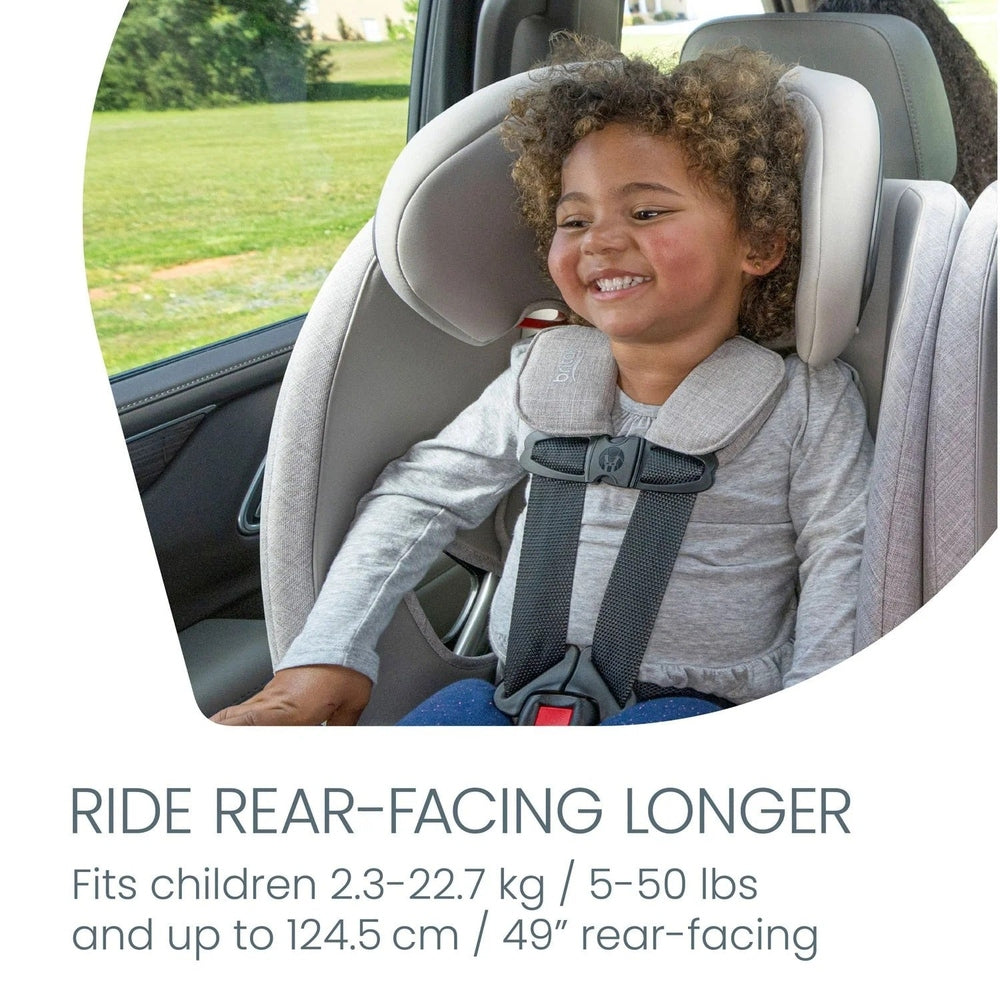 Britax One4Life Slim ClickTight All-in-One Car Seat in gray fabric, child securely buckled in rear-facing harness.