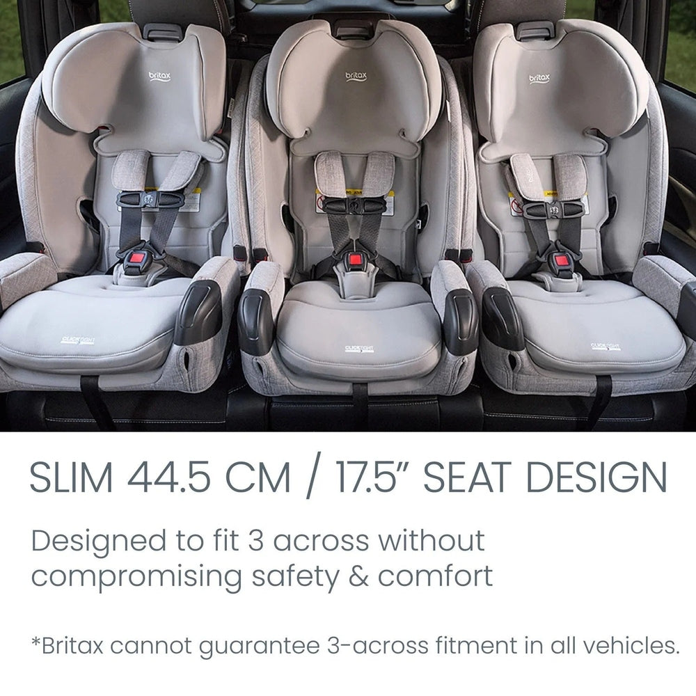 Britax One4Life Slim ClickTight All-in-One Car Seat trio across the back seat, gray, securely strapped in with 5-point harness.