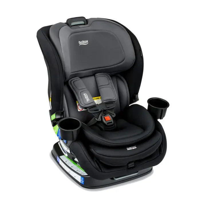 Britax Poplar convertible car seat in black and gray with two cup holders and a fastened 5-point harness