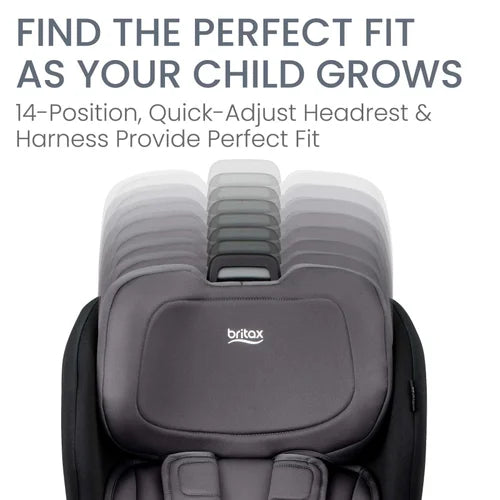 Britax Poplar Convertible Car Seat in gray demonstrates 14-position quick-adjust headrest for a perfect fit.