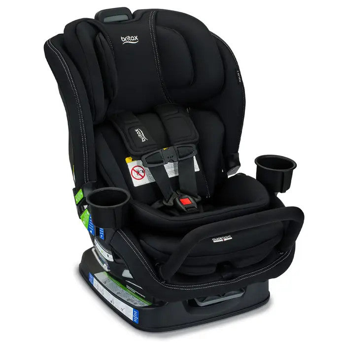 Britax Poplar S Convertible Car Seat in black with dual cup holders, shown secured with 5-point harness.