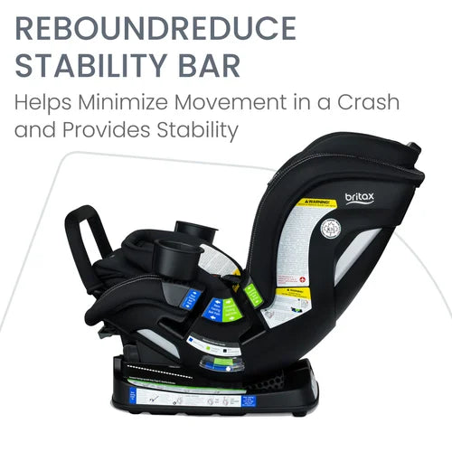 Britax Poplar S Convertible Car Seat in black, featuring rebound stability bar that minimizes movement and adds stability.