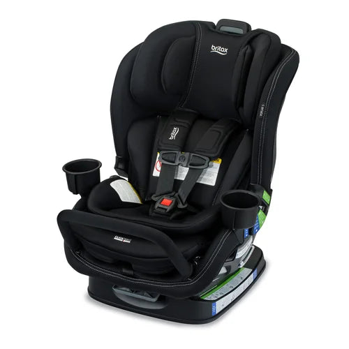 Britax Poplar S Convertible Car Seat in black with secured 5-point harness and dual cup holders.