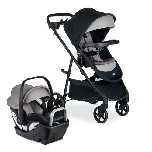 Britax Willow Brook S+ Travel System: black-gray stroller beside car seat base, ready to push.