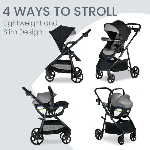 Britax Willow Brook S+ Travel System shown in four configurations; compact black-gray frame with canopies and storage.