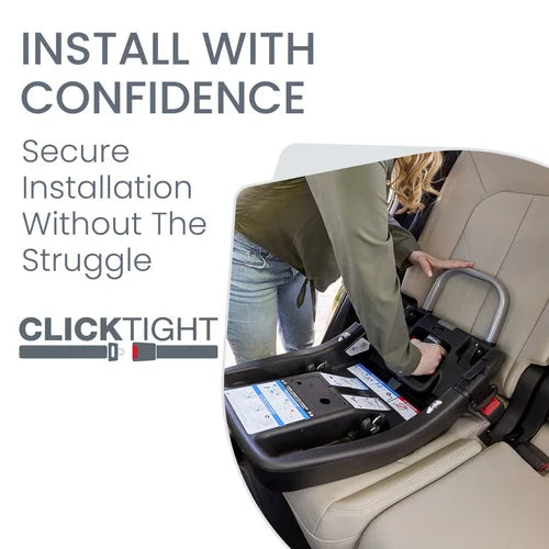 Britax Willow Brook S+ Travel System; beige car interior with a parent securing the Click Tight base.