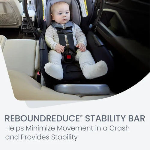Britax Willow Brook S+ Travel System infant car seat in car, secured with a 5-point harness and visible stability bar.