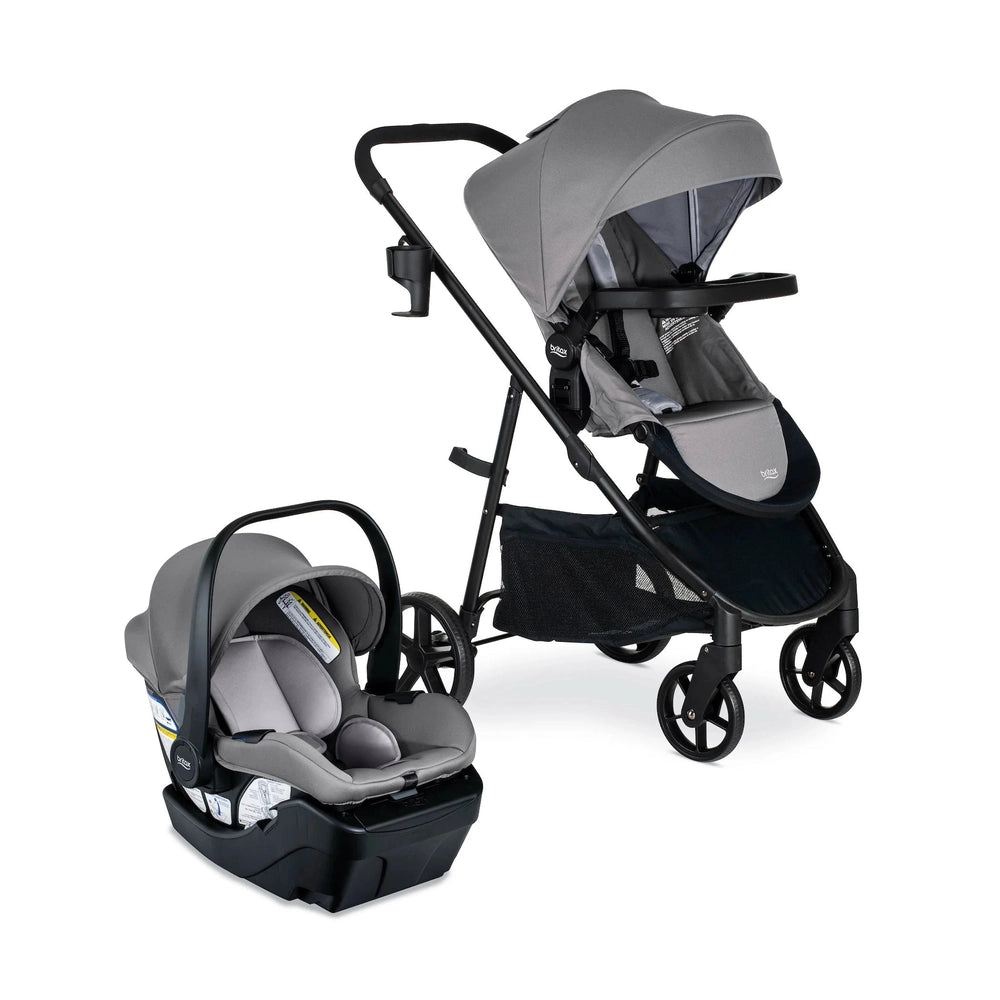 BRITAX Willow Brook Travel System stroller in grey with matching infant car seat beside the base.