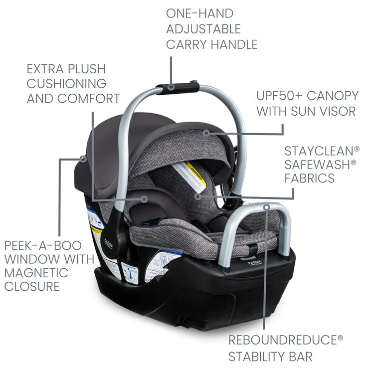 BRITAX Willow Grove SC Travel System in gray, showing one-hand carry handle and sun visor canopy.