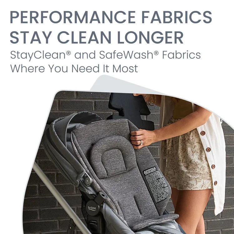 Britax Willow Grove SC Travel System stroller in gray being adjusted by a person, showcasing StayClean fabrics.