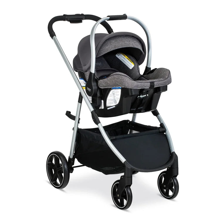 Britax Willow Grove SC Travel System: gray car seat securely attached to an aluminum stroller frame.