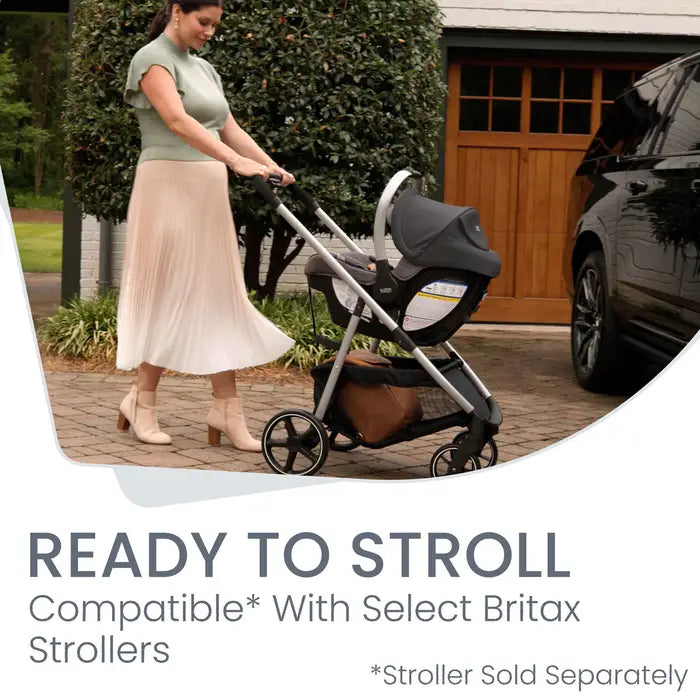 Britax Willow SC Car Seat with Alpine Base attached to a stroller, being pushed by a woman.