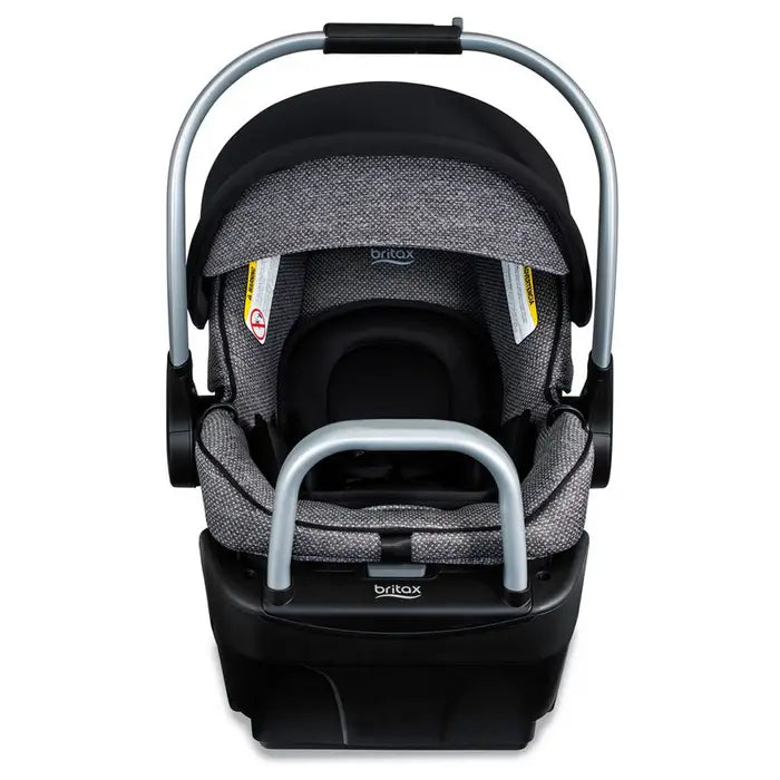 Britax Willow SC Car Seat with Alpine Base in gray fabric, aluminum handle raised for carrying.