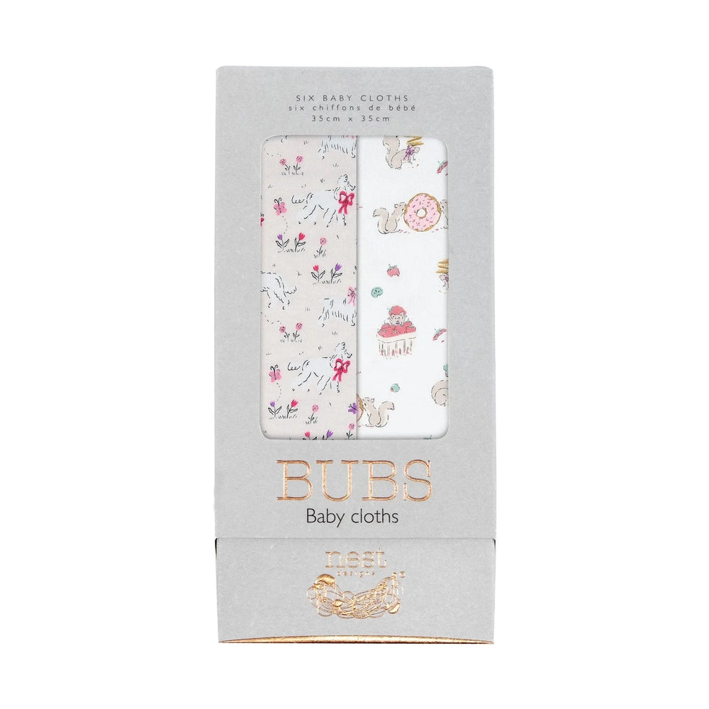 NEST DESIGNS Nest Designs Bamboo Bubs Baby Washcloth Set 6 Pack Cheeky Capers Two patterns showing ballet dancers with florals and img 1/5