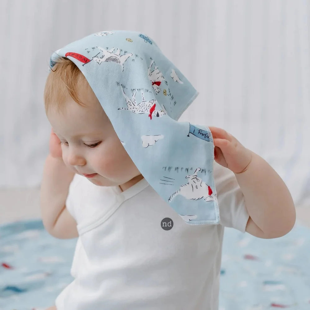 NEST DESIGNS Nest Designs Bamboo Bubs Baby Washcloth Set 6 Pack Summer Days illustrated dogs with red scarves on light blue fabric img 5/7