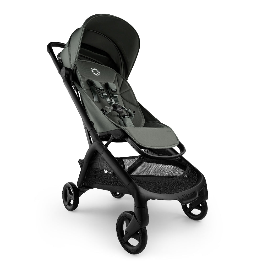 Bugaboo Butterfly 2 stroller in gray-green fabric with black frame and storage basket