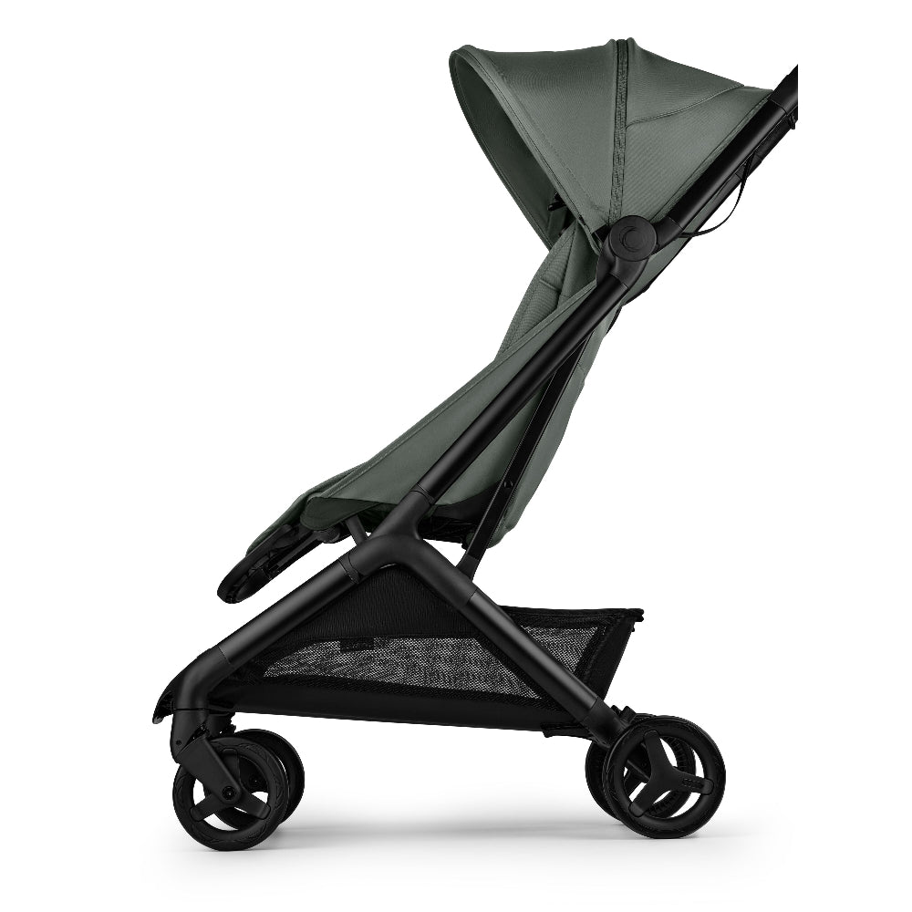 Bugaboo Butterfly 2 stroller with green fabric seat, black frame and wheels