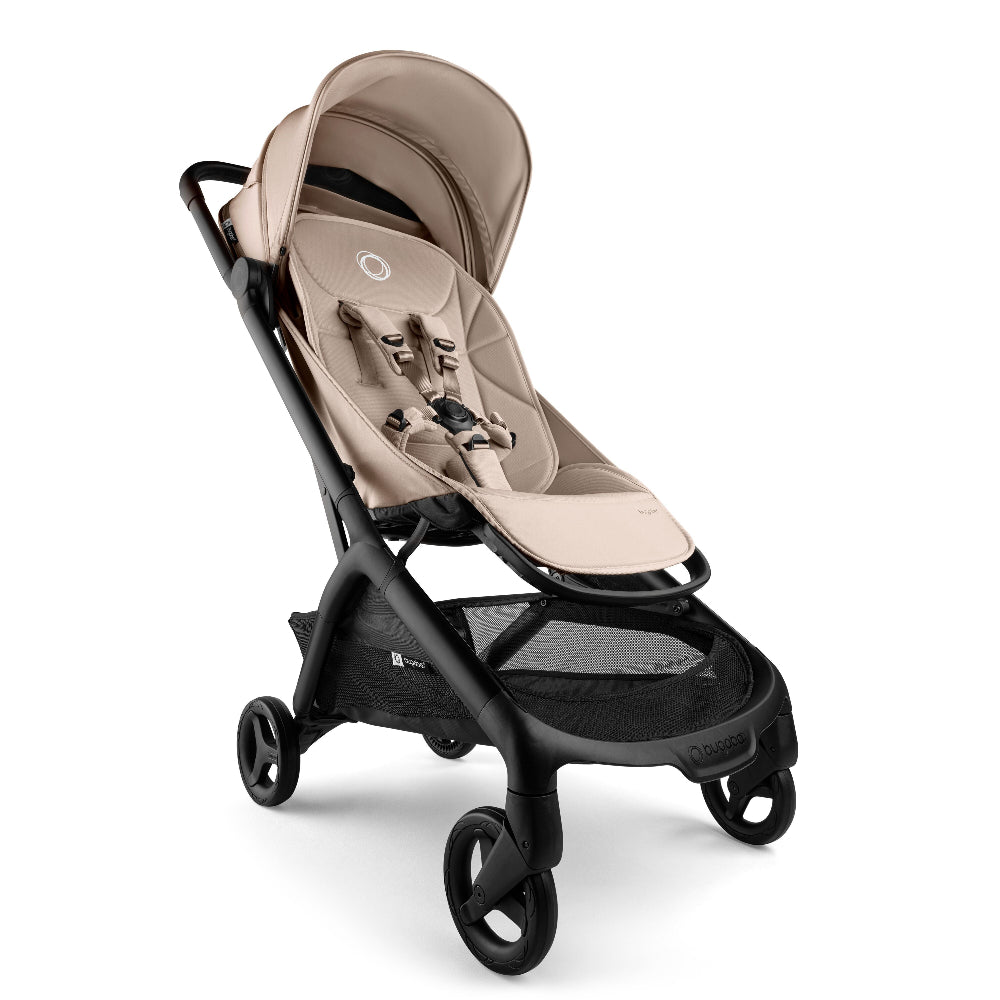 Bugaboo Butterfly 2 stroller in beige fabric with black frame and under-seat basket