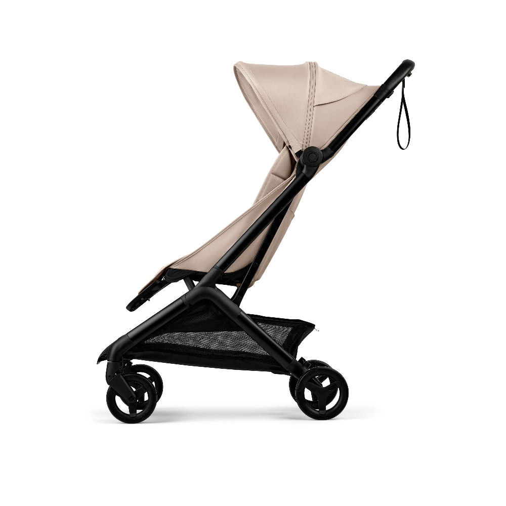 Bugaboo Butterfly 2 stroller beige with black frame and under-seat storage basket