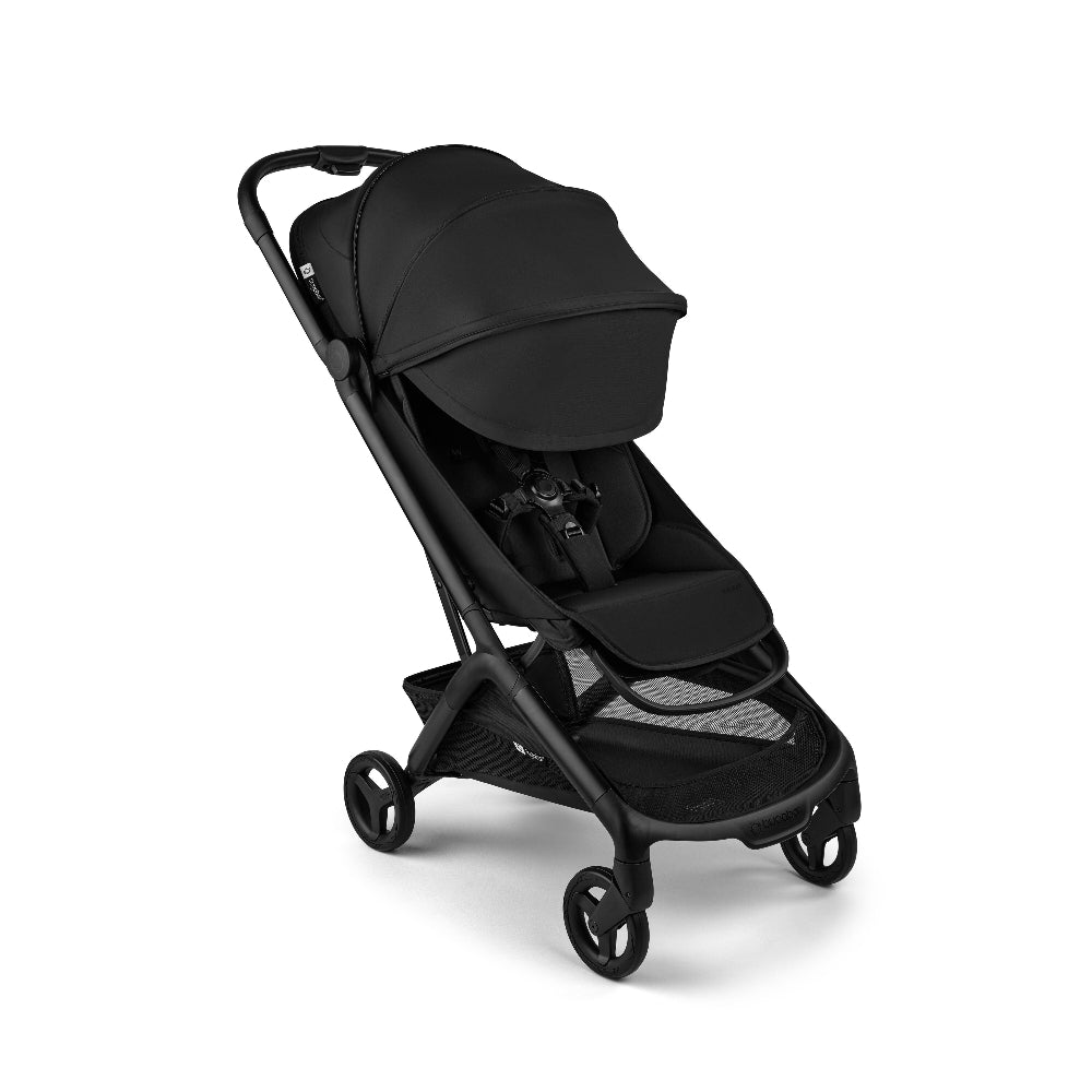 Bugaboo Butterfly 2 stroller complete in black with extended canopy and mesh storage basket