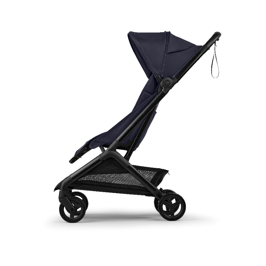 Bugaboo Butterfly 2 stroller navy blue with black frame and under-seat basket