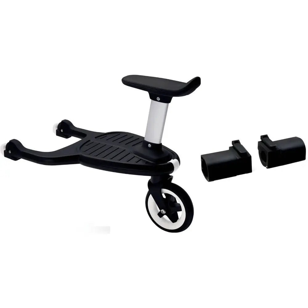 Bugaboo Comfort Wheeled Board Adapters for stroller, black platform with silver support and two adapters ready to attach