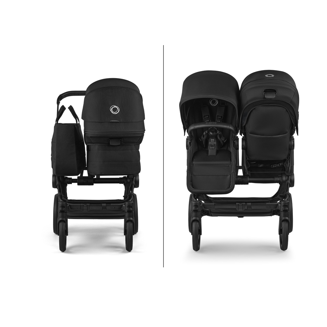 Bugaboo Donkey 6 — Single bassinet and side-by-side two-seat configurations compared. Additional expansion components sold separately.