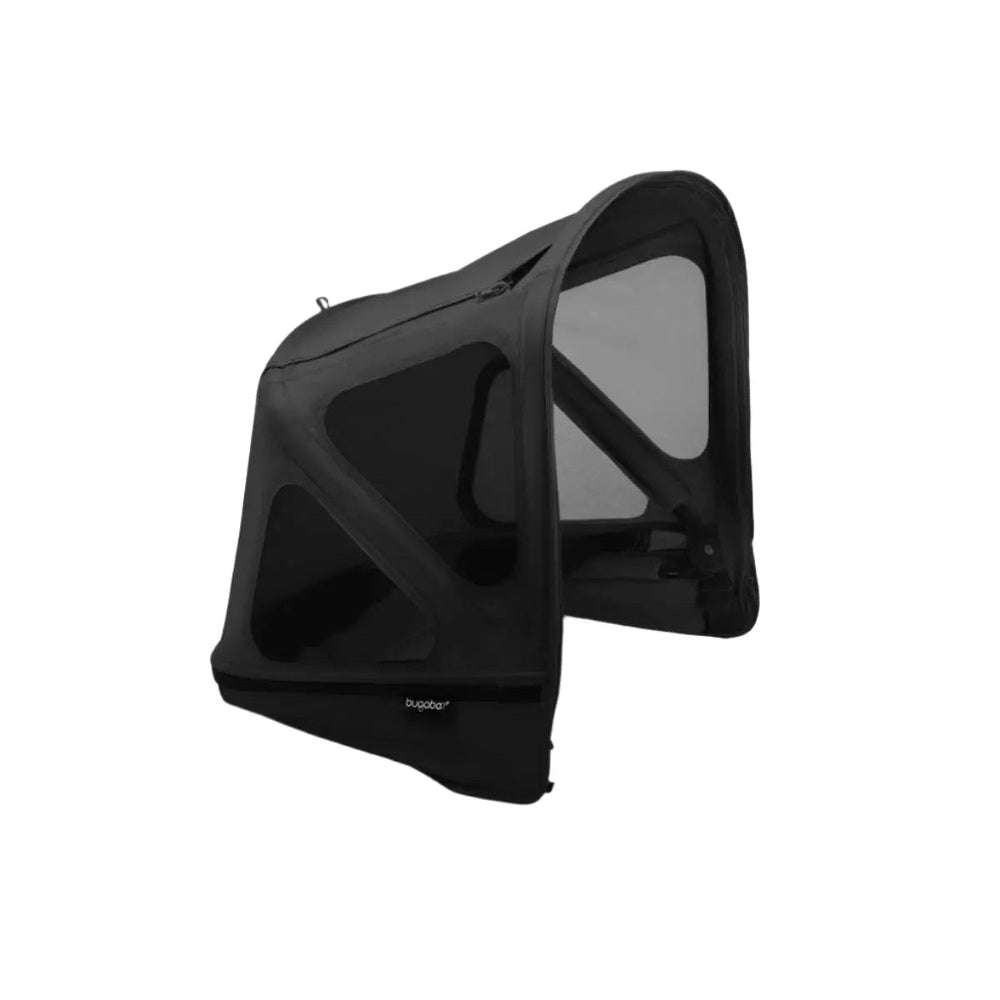 Bugaboo Donkey Breezy Sun Canopy in black with mesh panels, shown mounted on a stroller for breathable sunny shade.