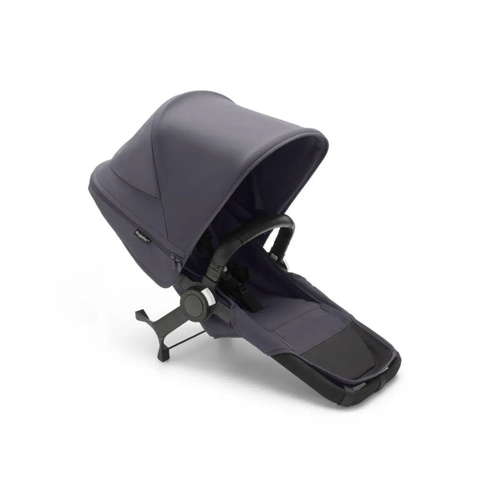 Bugaboo Donkey5 Duo Extension Complete in navy fabric, shown attaching to a dual-seat stroller with canopy.