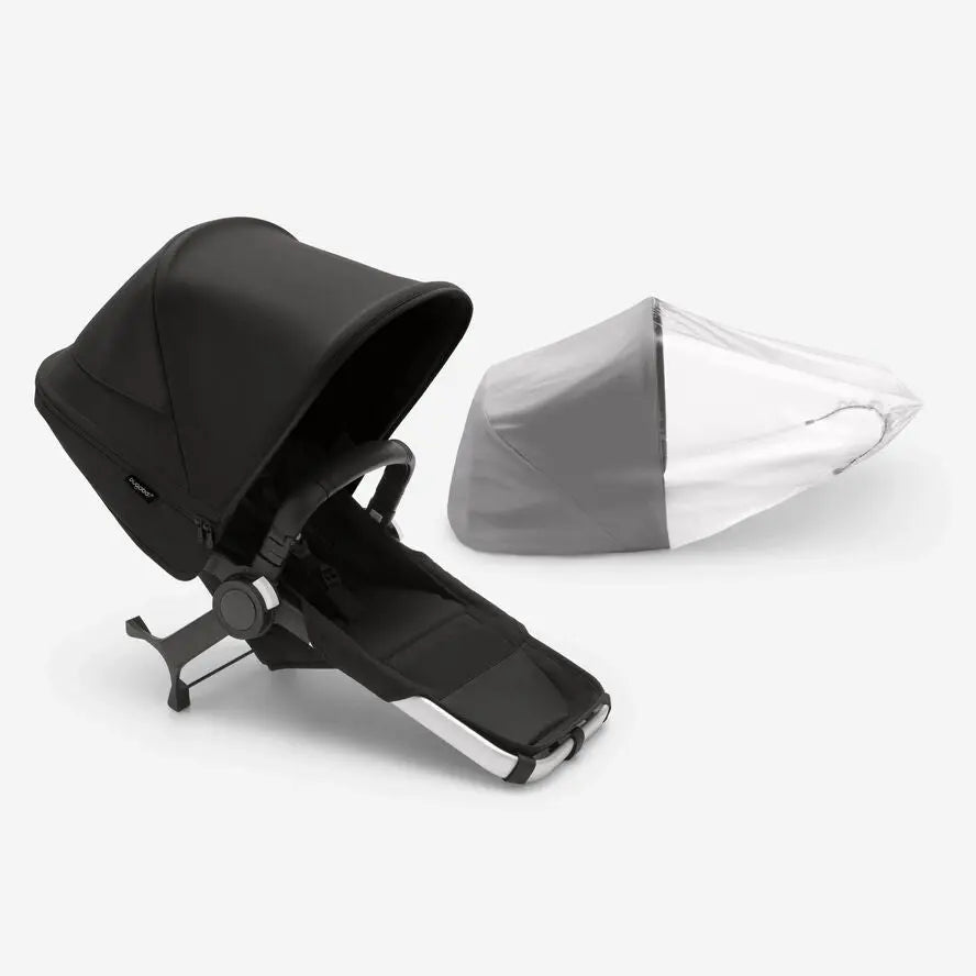 BUGABOO Donkey5 Duo Extension Complete stroller in black fabric with a clear rain cover placed beside.