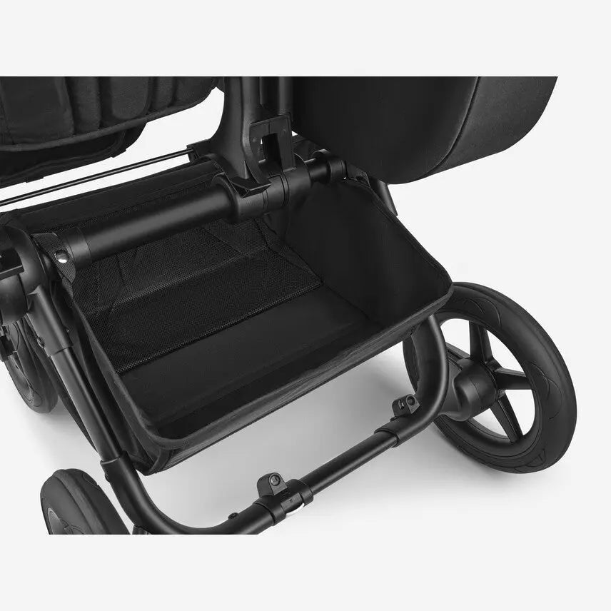 Bugaboo Donkey5 Mono Stroller Complete in black with open under-seat storage basket ready for use.