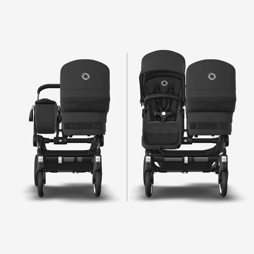 Bugaboo Donkey5 Mono Stroller Complete in black, bassinet left and seat right shown in two views.