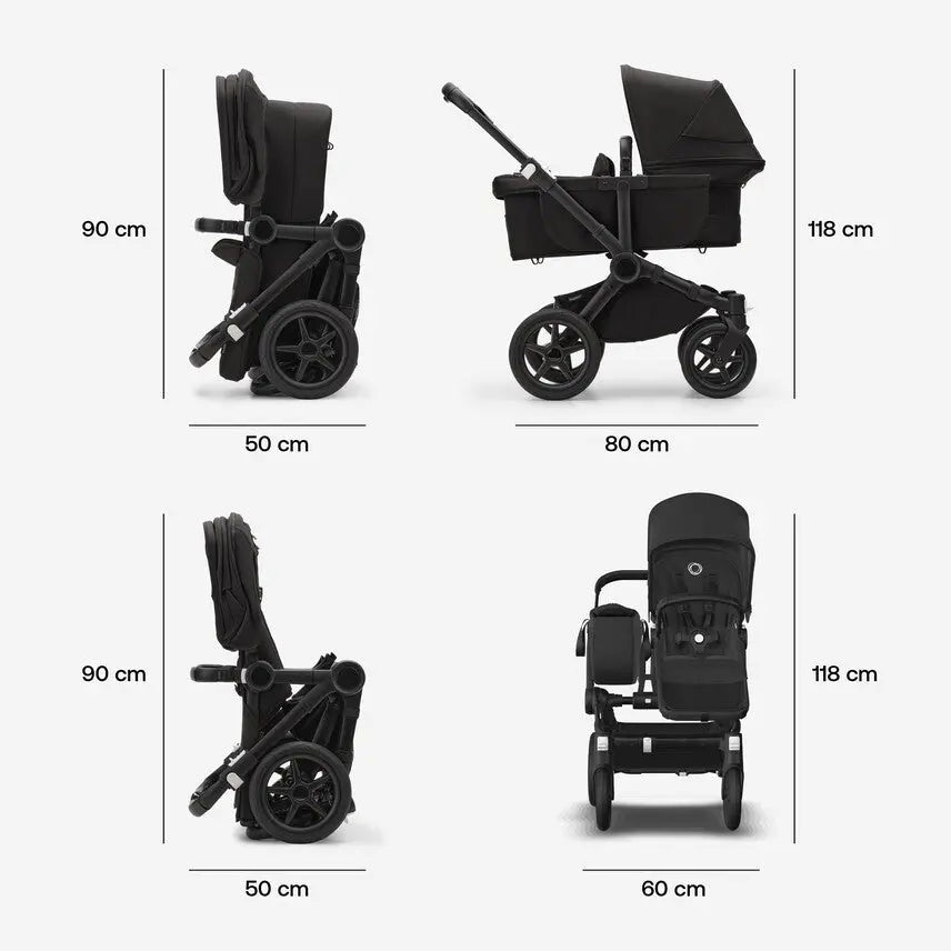 Bugaboo Donkey5 Mono stroller in black, folded compactly on left and expanded with bassinet on right.
